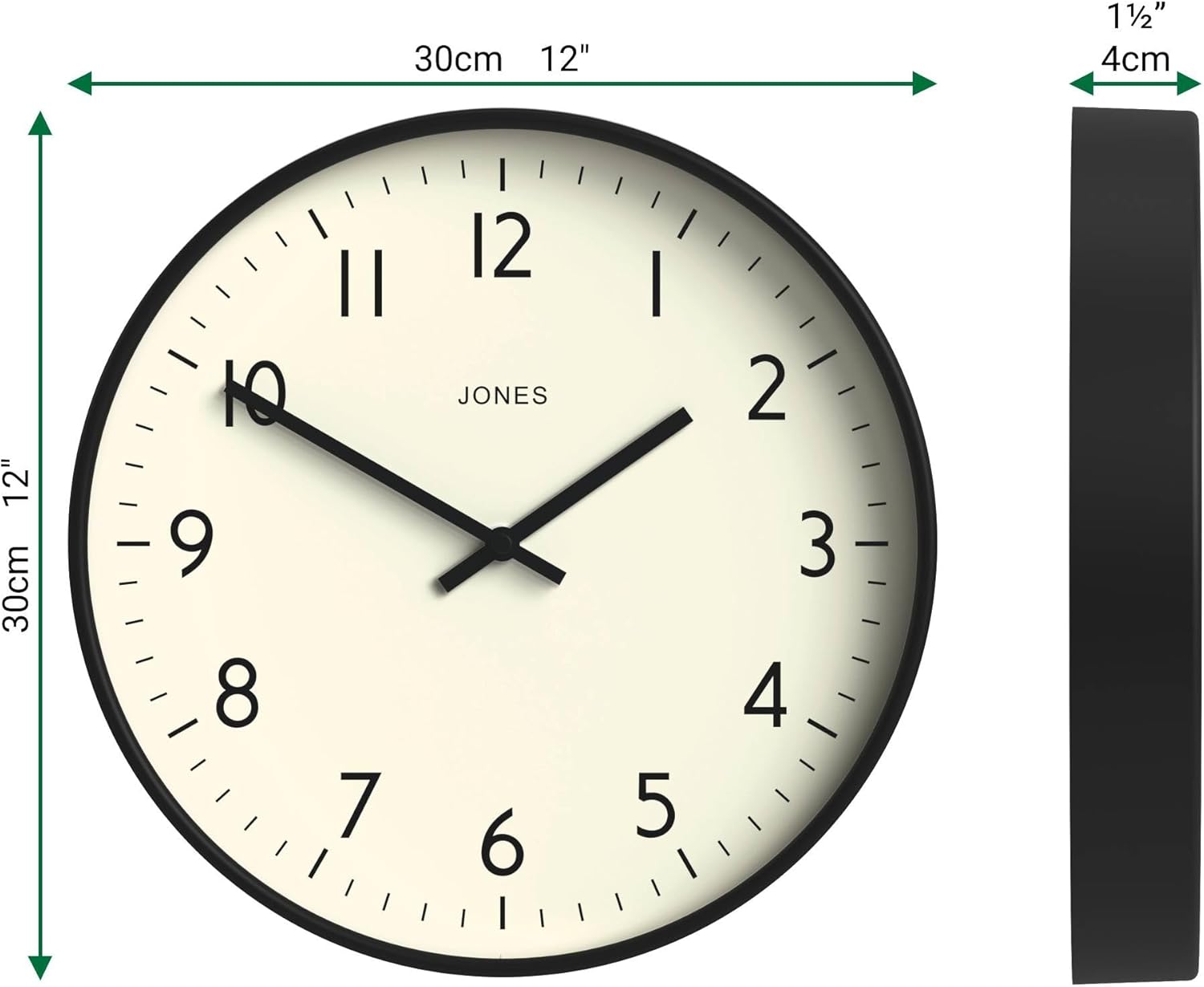 JONES CLOCKS® Studio wall Clock | Modern Round Style | 12 inch | Black | Easy to Read Numbers | Versatile Design for Kitchen, Living Room or Office