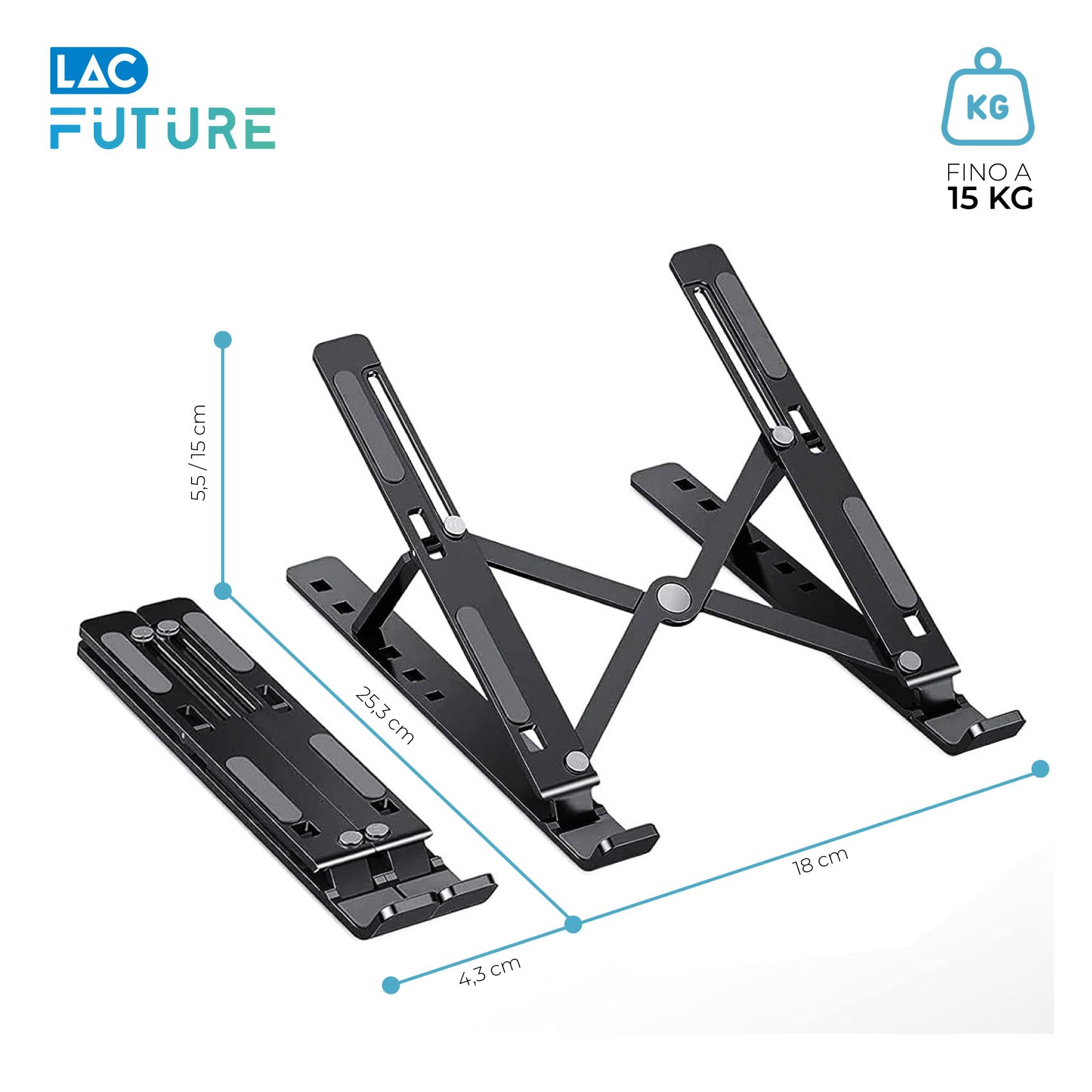 LAC FUTURE Supporto PC Portatile in Alluminio - Rialzo PC Portatile per Scrivania Ufficio Pieghevole e Regolabile 7 Livelli - Laptop Stand Computer e Tablet 10-15,6'' - Nero