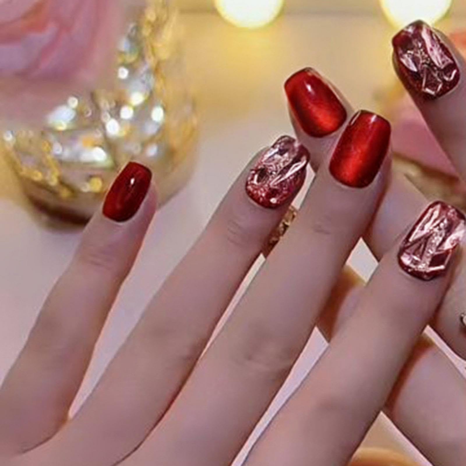 Shiny Red Press on Nails Short Square Fake Nails with Designs Sparkly Diamond Glue on Nails Glossy Reusable Glitter False Nails Red Nails for Women