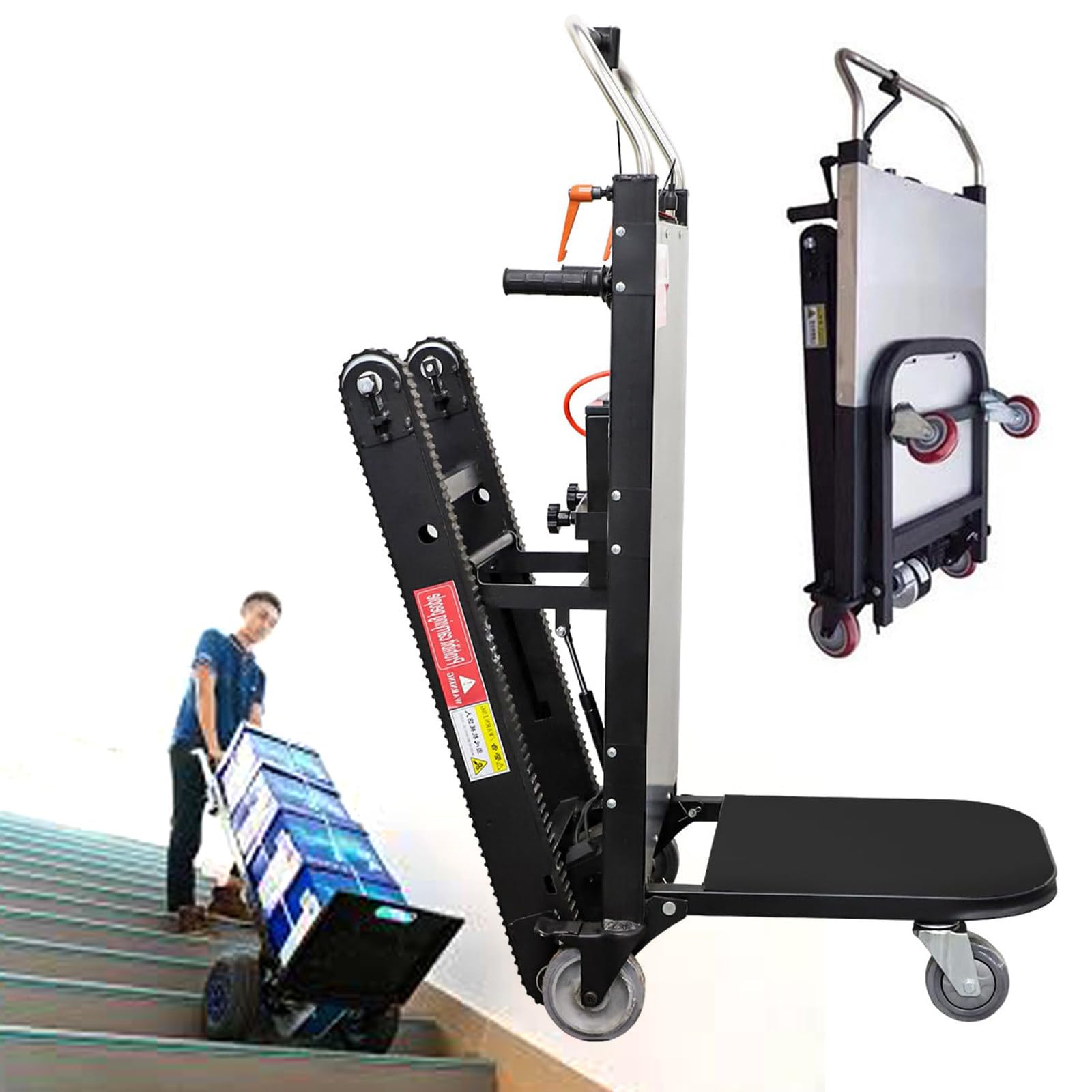Carrello Elettrico Saliscale Potenziato Da 1000W - 3 Velocità Regolabili + Carico Massimo 500Kg + Maniglia Allungabile, Carrello Saliscale Pieghevole Con Cingoli in Gomma per Scale Facili Su/Giù(A)
