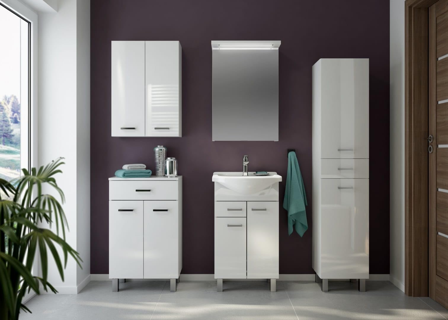 .Deftrans Badezimmerschrank mit Waschbecken 80 x 50 x 30 cm Stehend Badezimmerschrank mit Schublade und Unterschrank, lackiert, Elegantes Set mit Keramikwaschbecken