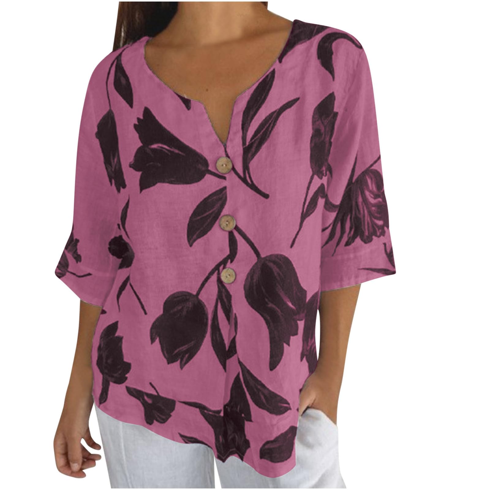 Womens Floral Print T Shirts Summer Half Sleeve Notch V Neck Button Tees Casual Elegant Going Out Cute Comfy Tunics