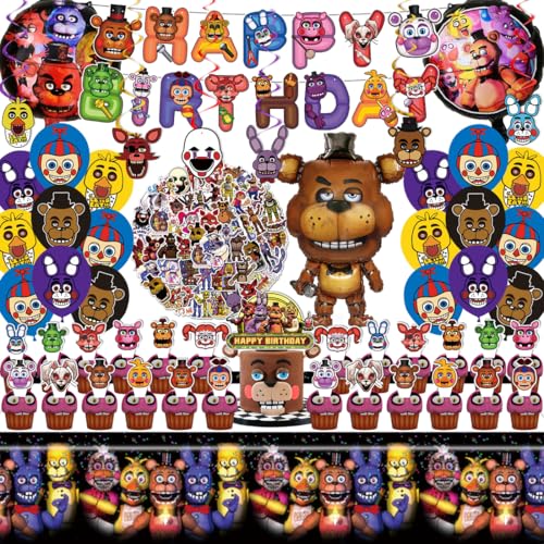 Freddys Birthday Decorations Party Supplies Set Include Banner Balloons Stickers Hanging Swirls Cake Cupcake Toppers Tablecloth for Boys Girls Five Nights Theme Party