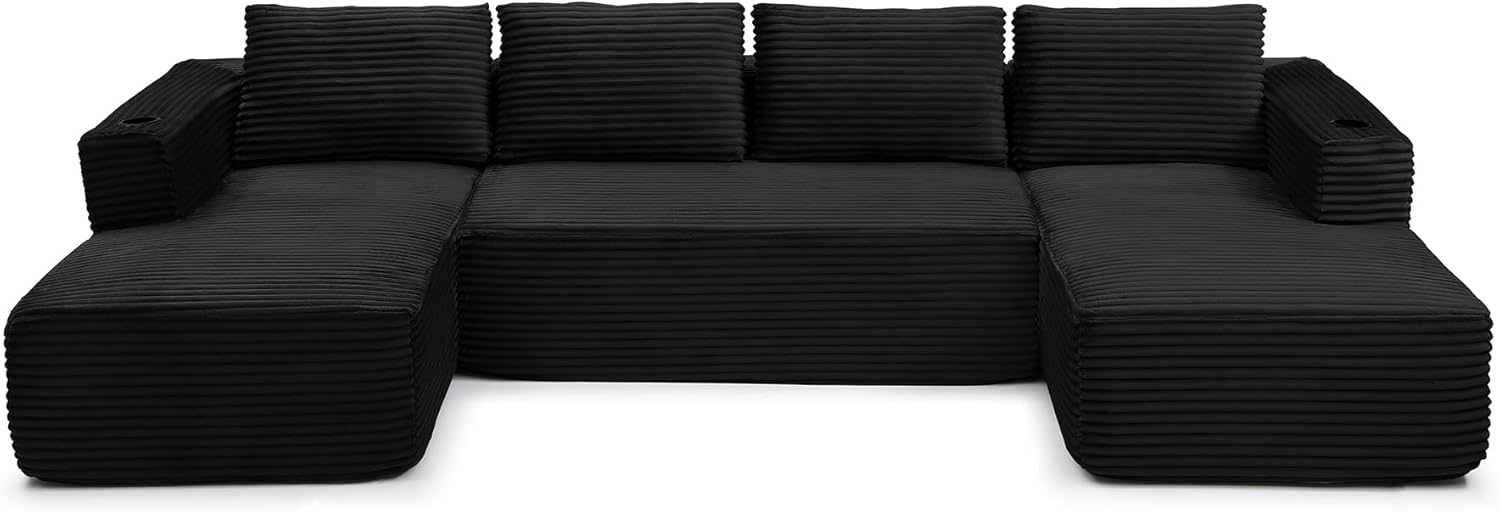 132'' Cloud Couch U-Shaped Sectional Sofa, Modular Boneless Couches for Living Room, Corduroy Deep Seat Sofa with Double Chaise Lounges and Cup Holder, 30D High-Resilience Foam, No Assembly, Black
