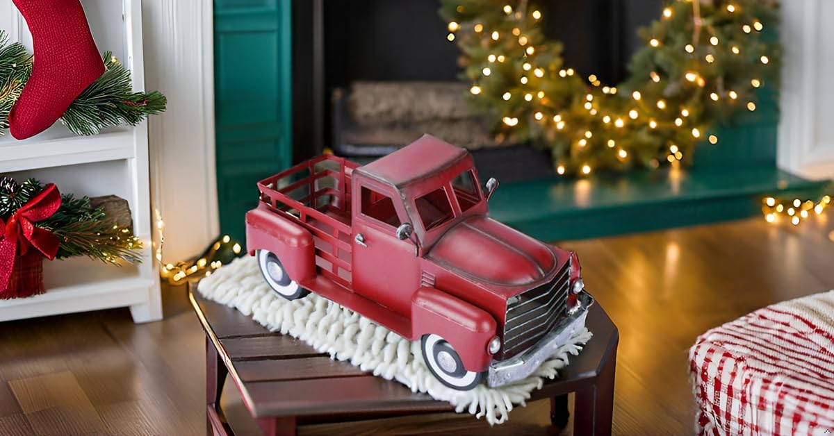 Metal Truck Decor,Farmhouse Truck Decor,Decorative Tabletop Storage & Pick-up Metal Truck Planter, 12.5" x 5.75" x 6.25" inches (Red) image 3