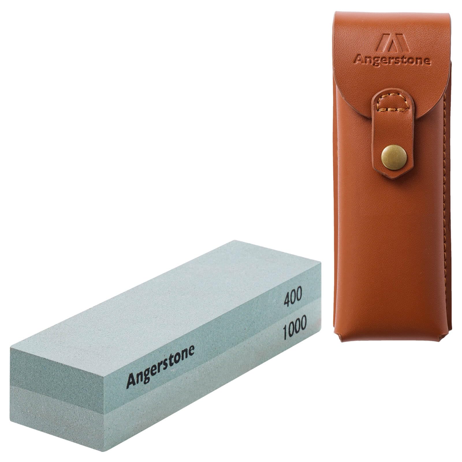 Angerstone Portable Whetstone Knife Sharpening Stone - Outdoor Hunting Knife Sharpener Stone Kit Dual Grit 400/1000 - Pocket Sharpening Stones for Knives with Cowhide Pouch for Bushcraft Camping Field
