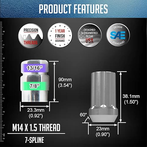 Vista 50 de Wheel Accessories Parts 20 piezas M14x1.5 14x1.5 Rosca corta camión corto 1.50 pulgadas de largo Tuercas estriadas cromadas 6 ranuras hexagonales