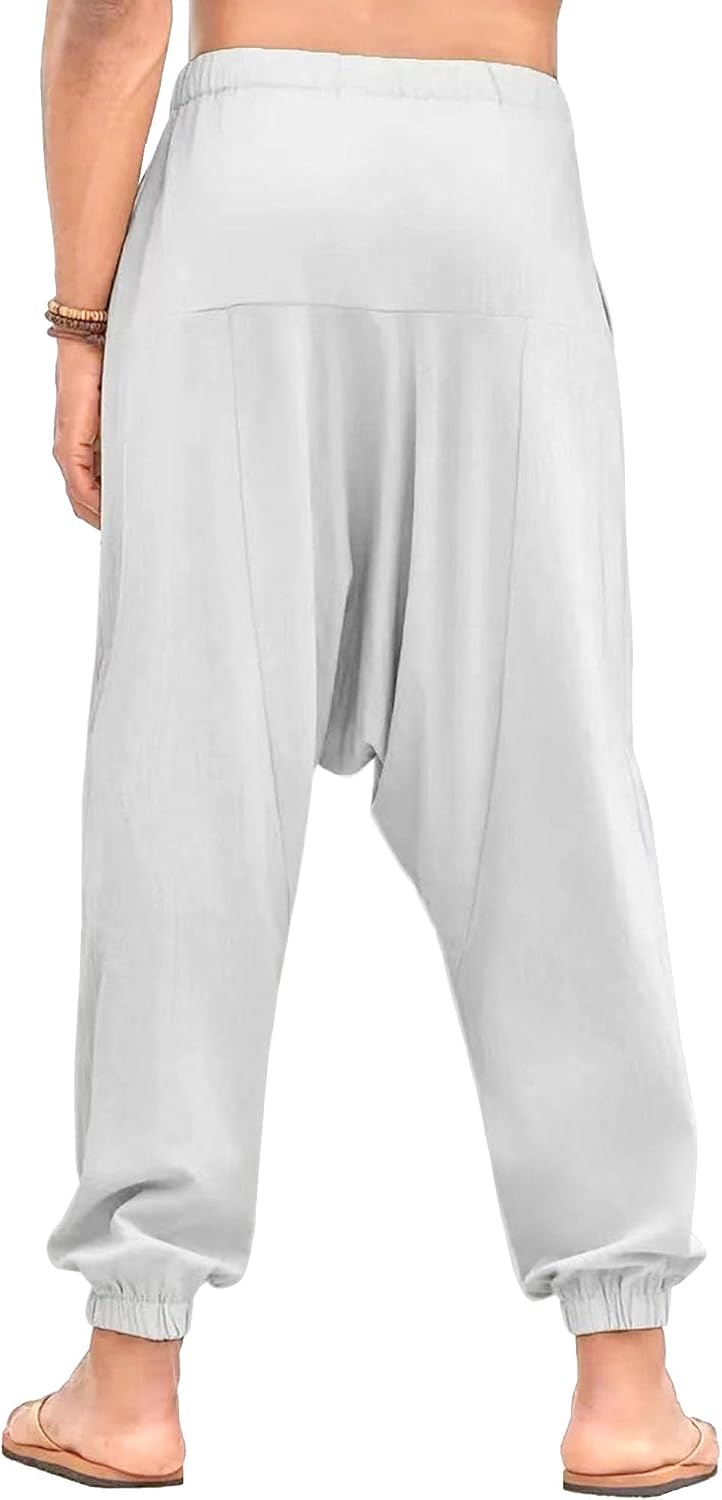 Men's Drawstring Linen Yoga Harem Pants Loose Fit Vintage Solid Beach Pants Casual Comfort Sweatpants Trousers