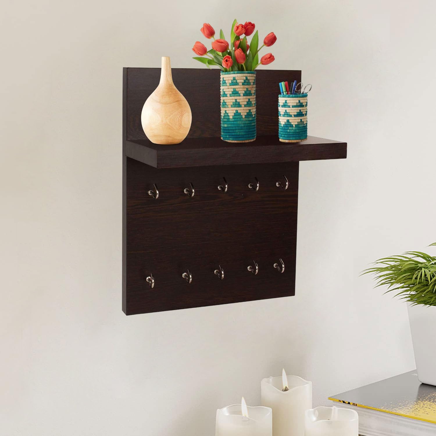 Odestar Large Floor Standing Key Holder-Wenge Hanging Shelves (Brown), Wood