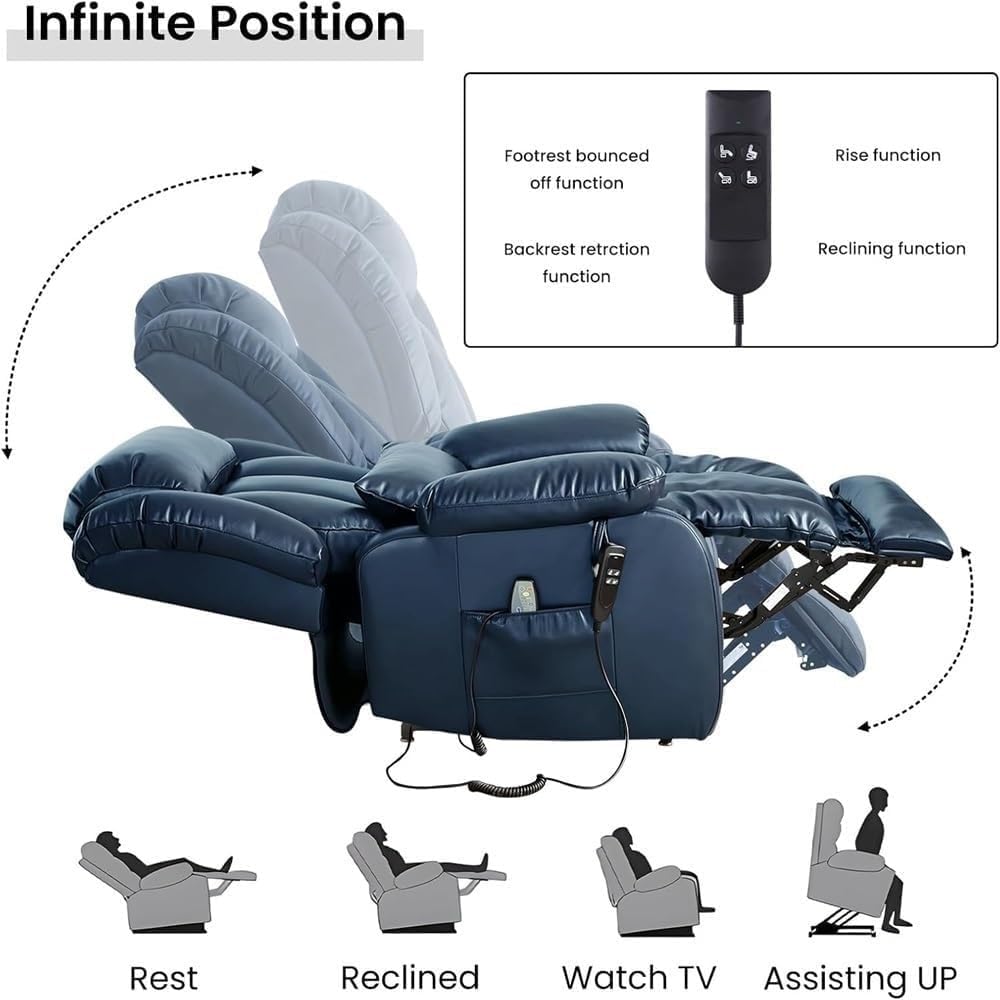 Electric Power Lift Recliner Chair with Heat and Massage, Adjustable Back and Legs Leather Reclining Sofa with USB Ports & Side Pockets, Heavy Duty Lift Chair for Elderly Living Room