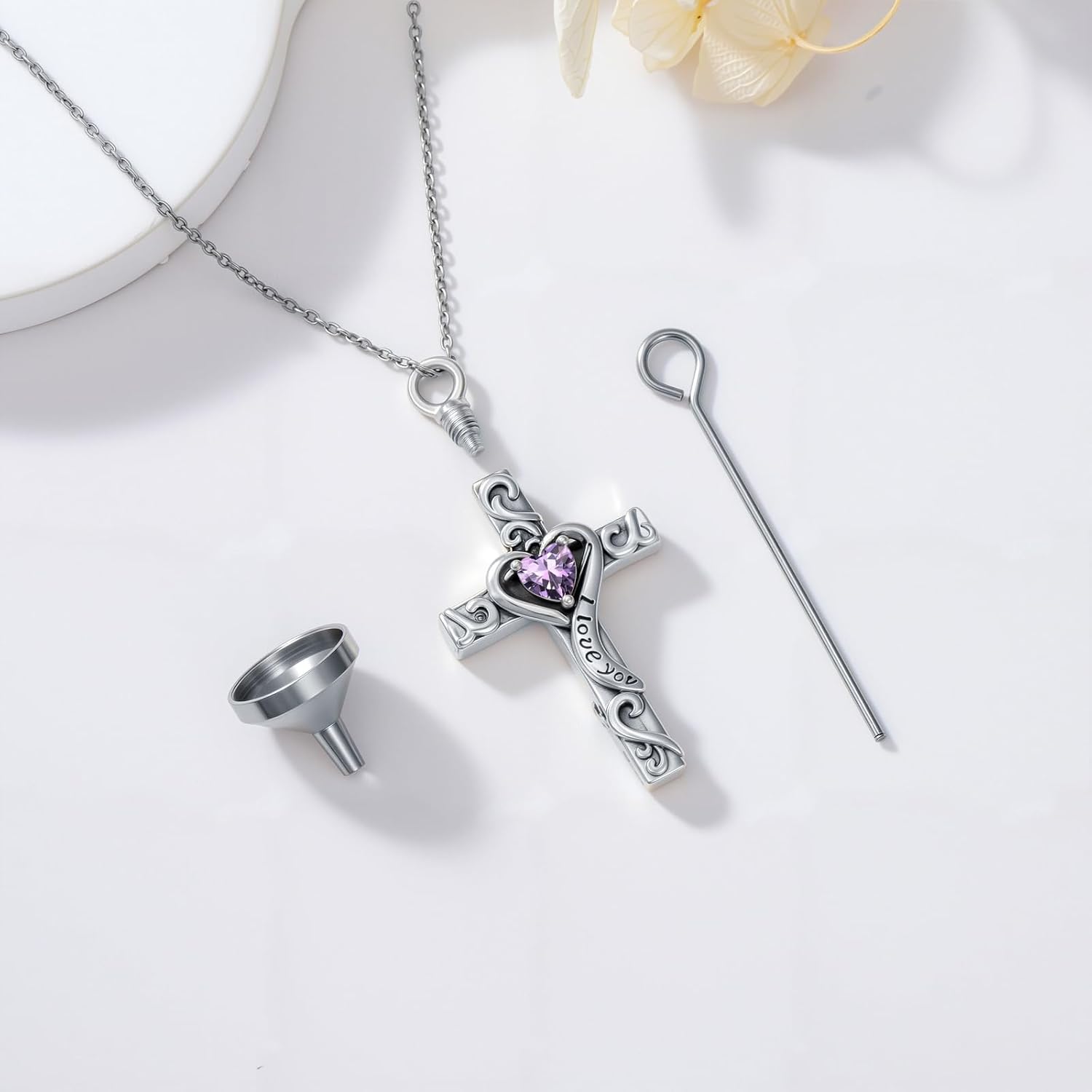 TOUPOP Cross Urn Necklaces for Ashes Birthstone Cremation Jewelry 925 Sterling Silver Cross Memorial Keepsake Jewelry for Women (with Funnel Filler) - Image 2