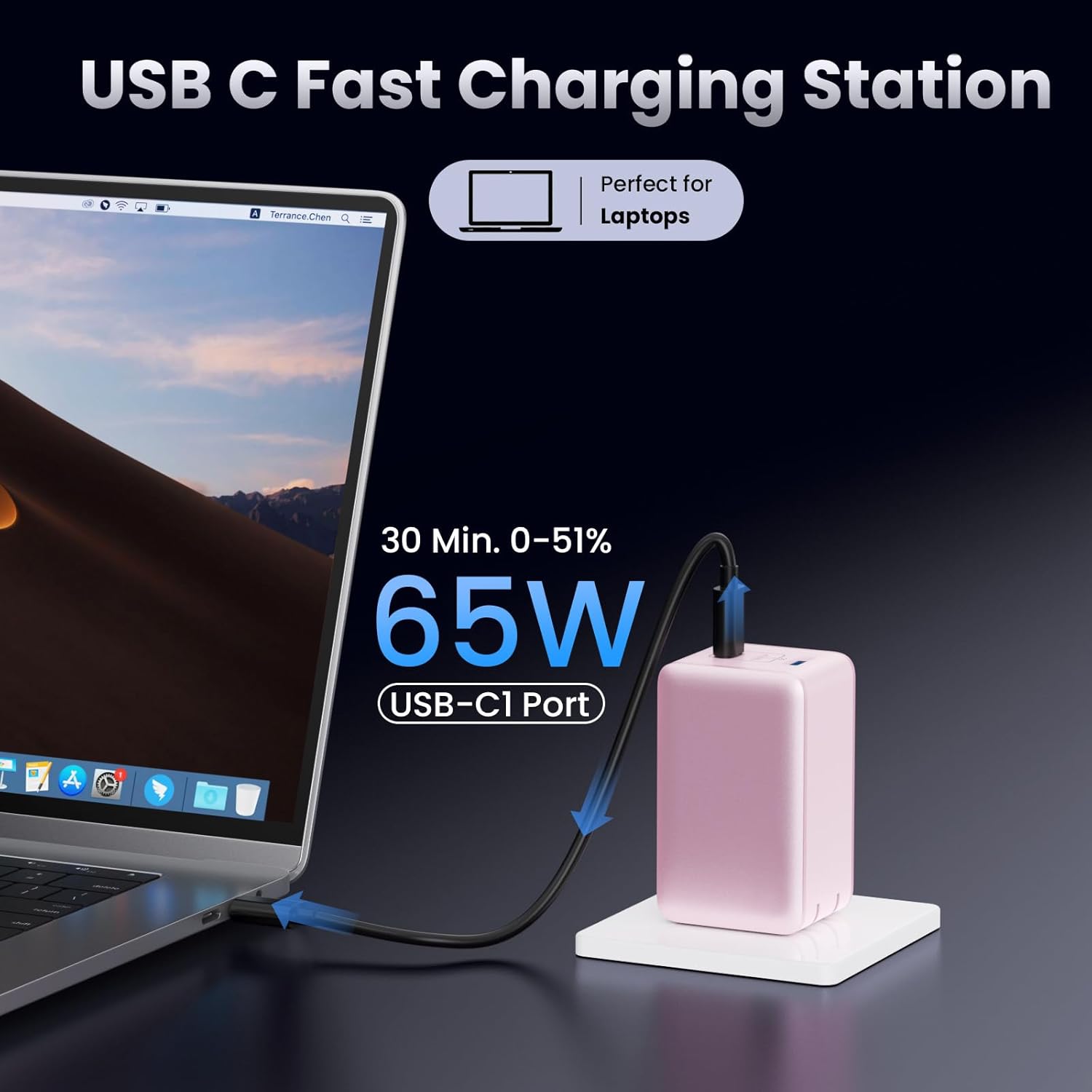 130W USB C Charger Block,GaN 3-Port Compact Wall Charger,Foldable Fast Charging Station,PD 65W USB C Laptop Charging for MacBook Pro/Air, Dell XPS, iPhone 16/15/14/13,iPad Pro,Galaxy S24 (Pink) - Image 4