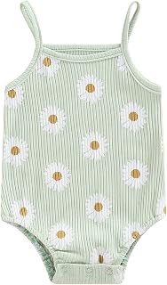Newborn Baby Girl Spaghetti Strap romper Sleeveless Ribbed Knit Daisy Print Bodysuit Cute Summer Tank Romper