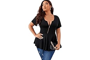 SOLY HUX Women's Curvy Half-Zip Low-Cut Plus Size Babydoll Tops