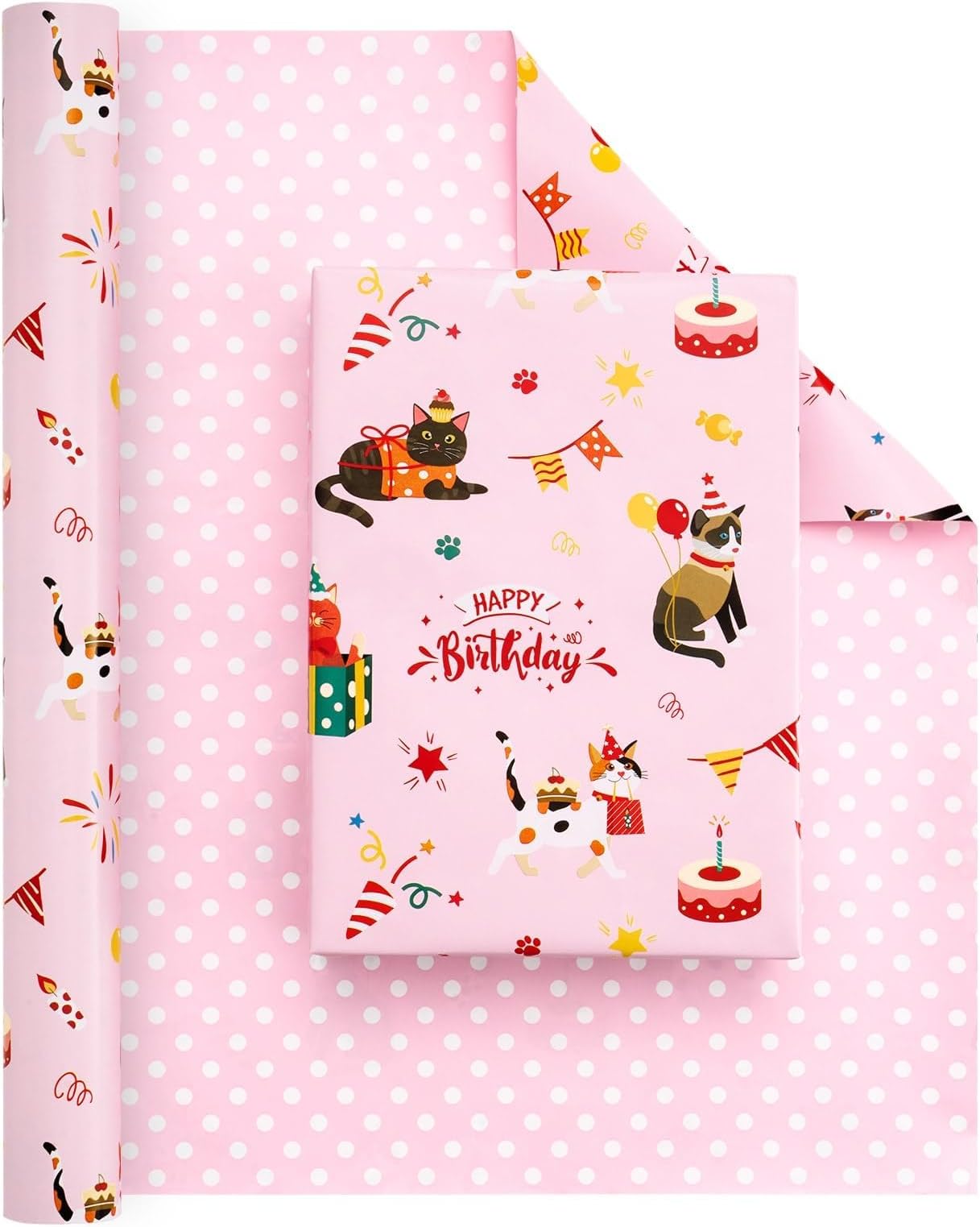 Cat Wrapping Paper Roll - 1 Roll 17”x 33 ft Happy Birthday Wrapping Paper Pink Cat Birthday Gift Wrap for Kids Girls Adults Kitten Party Baby Shower Decoration Reversible Polka Dot Design