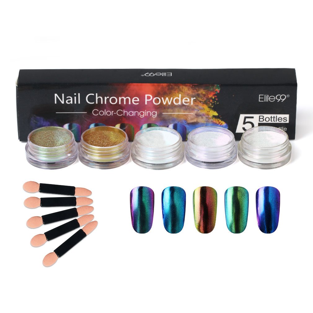 Elite99 Chameleon Color Change Nail Chrome Powder,Shinning Mirror Effect Nail Polish Glitter Powder,5 Colors Chrome Powder+5pcs Sponge Stick Manicure DIY Kit