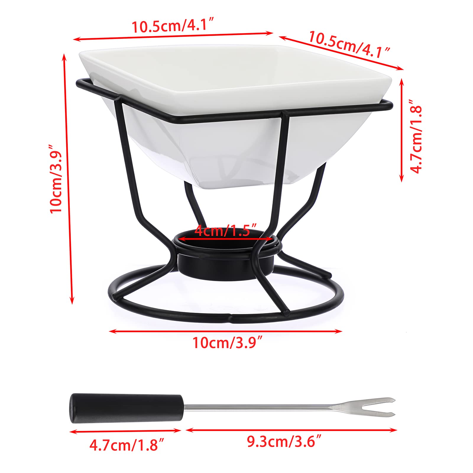 Juego de Fondue de Chocolate Quemador de Cerámica Cuadrado Blanco con 2 Tenedores Calentador de Helado de 200ML con Soporte Redondo de Hierro Negro para Chocolate Mantequilla Queso