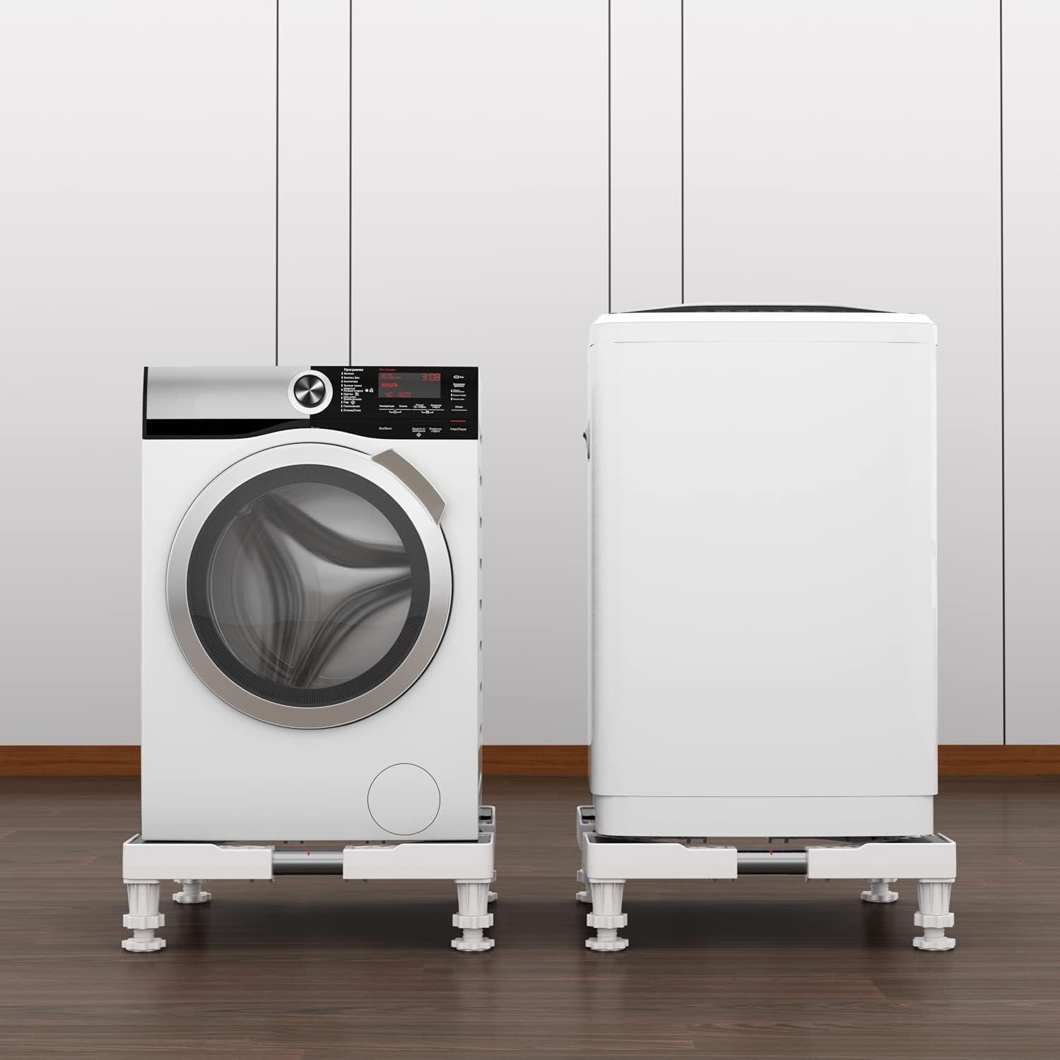 DEWEL Support Réglable pour Lave-linge, Sèche-linge et Frigo | 4 Pieds en PP & Acier Inoxydable | Réduction du Bruit | Hauteur 6,5-9 cm (Adapté aux Appareils de 45-67 cm) | Charge Maximale 300 kg | 4 pieds, anti-vibration et stable, largeur réglable 45-65