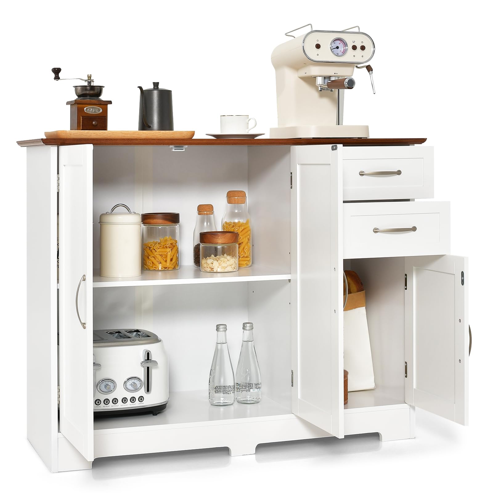 KOMFOTTEU Armario de Almacenamiento de Cocina, Mueble Auxiliar con 2 Armarios con Puertas y 2 Cajones, Aparador Bajo de Comedor con Dispositivo Antivuelco, 100 x 40 x 78 cm (Blanco)