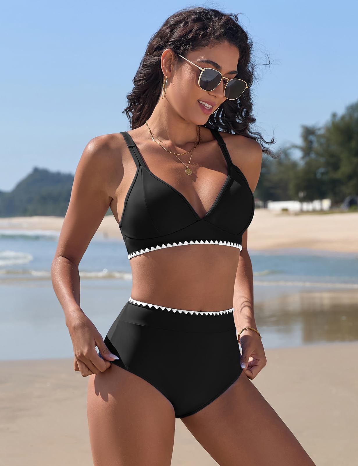 Maillot de Bain Femme 2 Pieces Taille Haute Bikini Set Col V Ensemble Chic et Elegant avec Dentelle Blanche