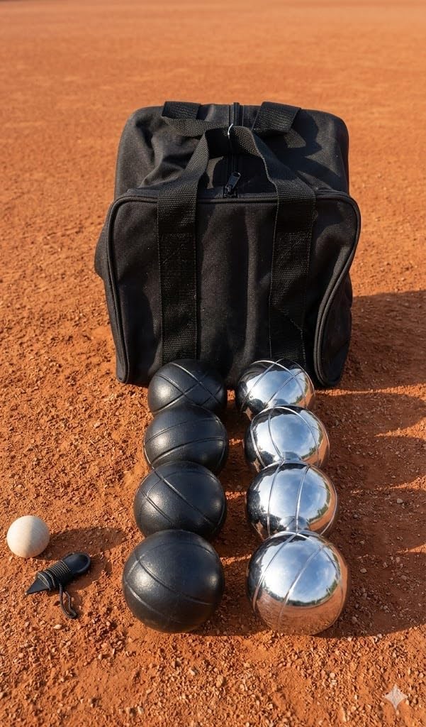 BuyBocceBalls Listing - 73mm Metal Bocce/Petanque Set with 4 Black and 4 Silver Balls and Heavy Duty Black Nylon Bag - Single