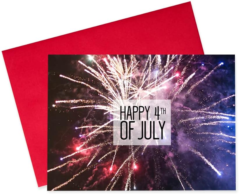 Independence Day Cards for Family & Business (Fireworks at Night) Happy 4th of July Bulk Greeting Card Set Pack of 25 with Red Envelopes (5x7 inch - A7) Office, Work, Employees & Clients (JF1801)