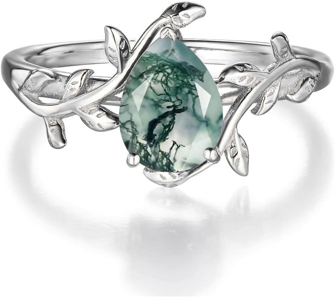 10K 14K 18K Gold 1.5CT Natural Moss Agate Ring for Women Genuine Inspired Leaf Kite/Oval/Pear Cut Green Moss Agate Engagement Wedding Ring 925 Sterling Silver Promise Jewelry Gift