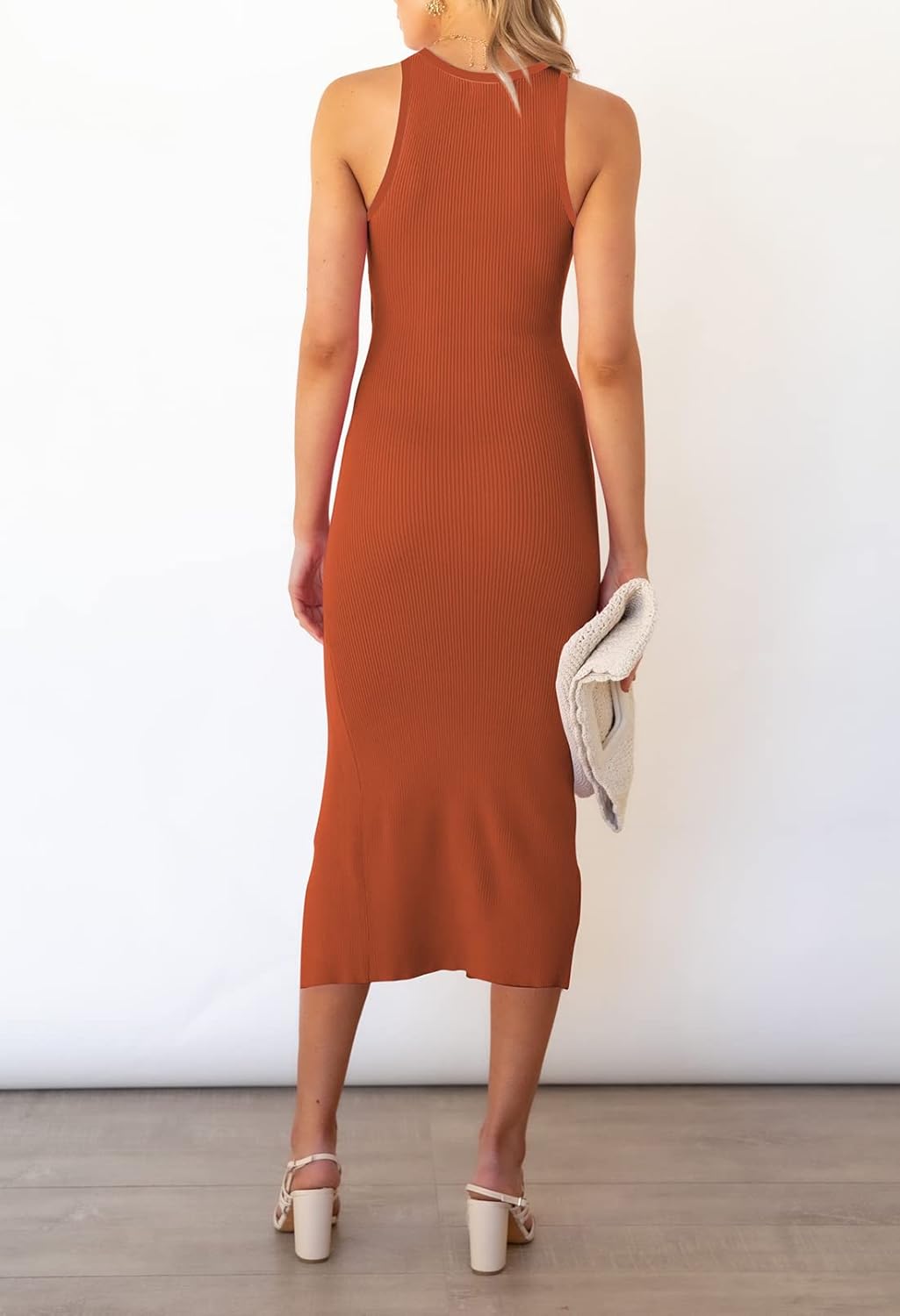 Pink Queen Women's Cutout Crew Neck Sleeveless Tank Slit Ribbed Bodycon Midi Dresses - Image 5