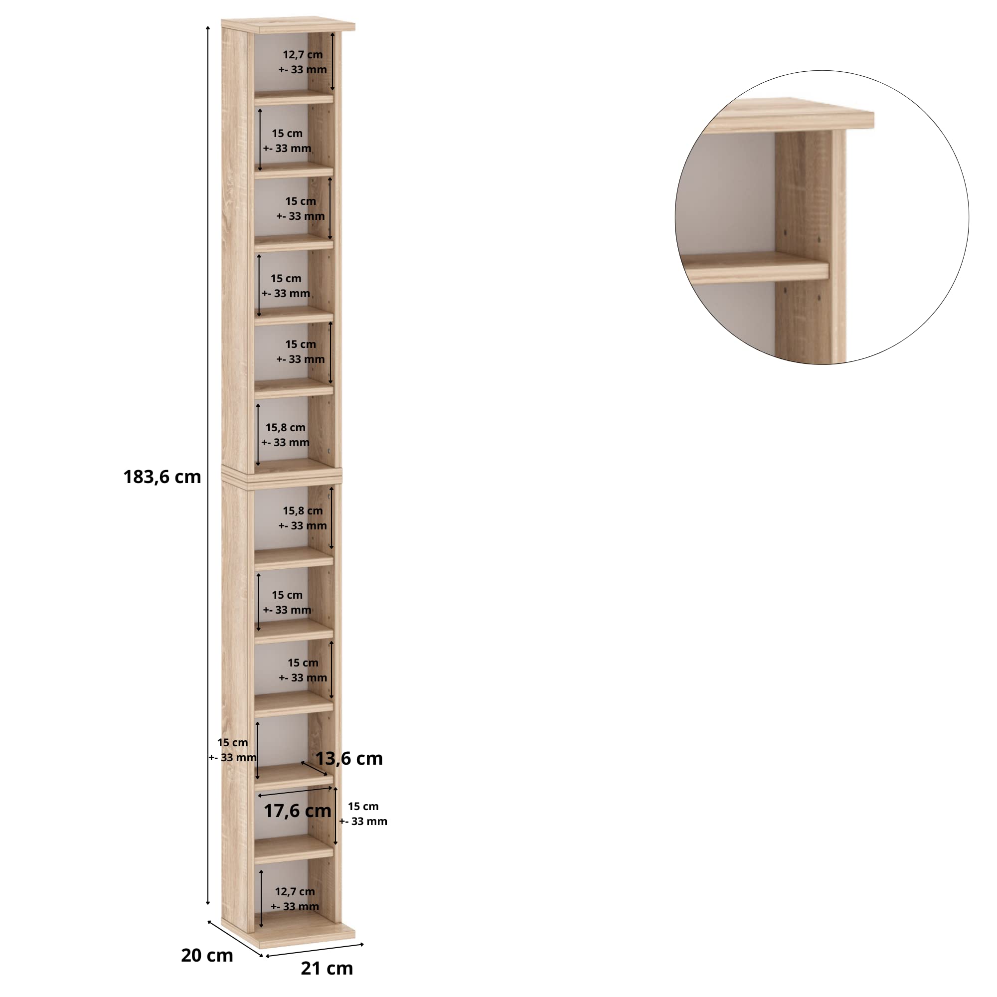 MediaTower CD DVD Regal 204 CDs lub 72 DVDs/Blue Ray (Eiche Sonoma, 20x21x183.6 cm)