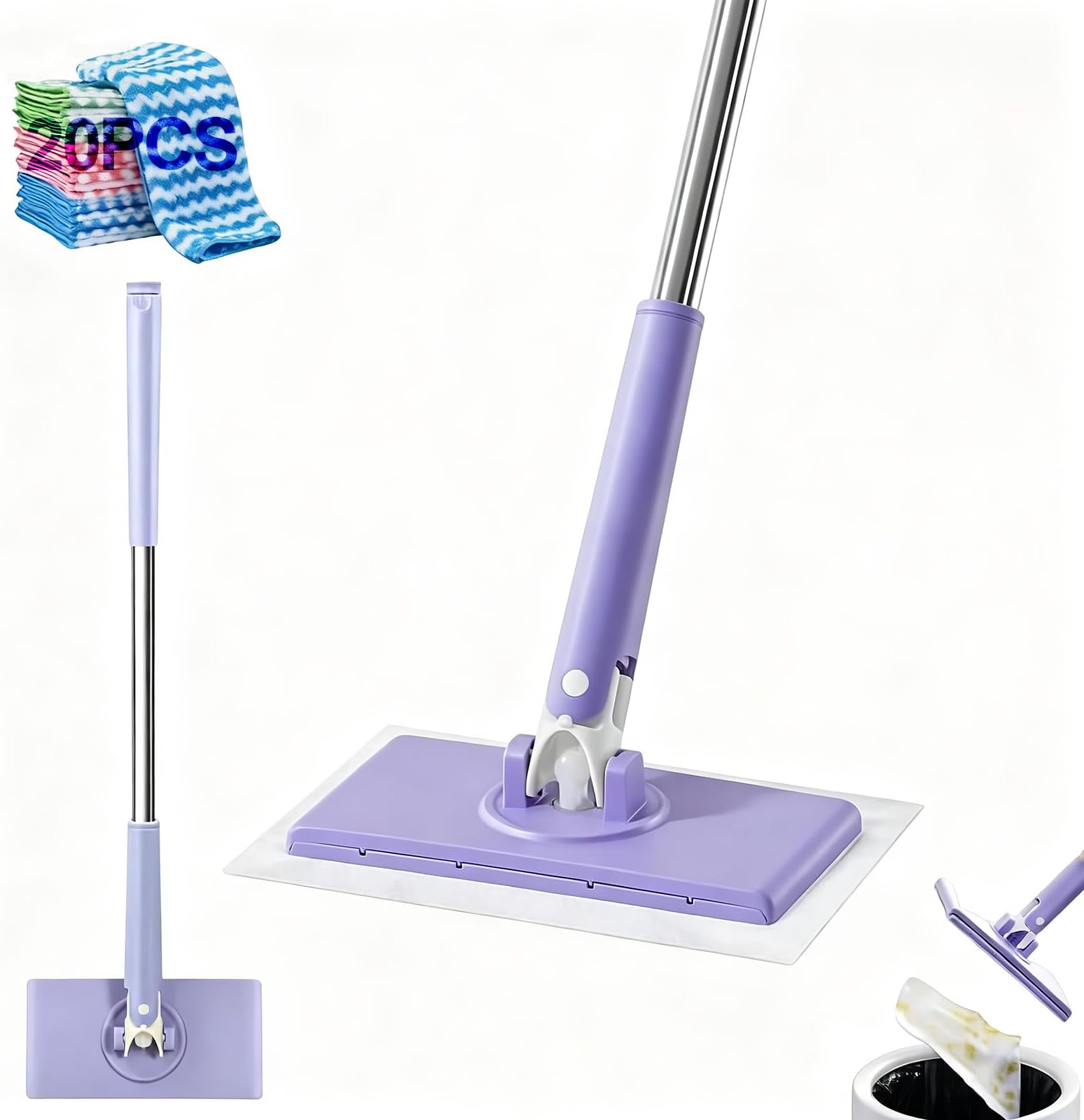 Snap Grip Mini Mop - Zero Touch Cloth Changing Mini Mop with 20 Reusable Towels, Lazy Sweeper Disposable Dust Mop Clip On, Hands Free Push Pull for Dry Wet Cleaning on Floor Window Bathroom