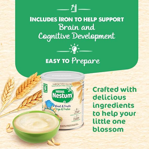 Nestle Nestum Wheat and Fruits Infant Cereal, 9.5 Oz, 12 Pack | Infant cereal; wheat and fruits; probiotic and iron; 12 x 9.5 oz canisters