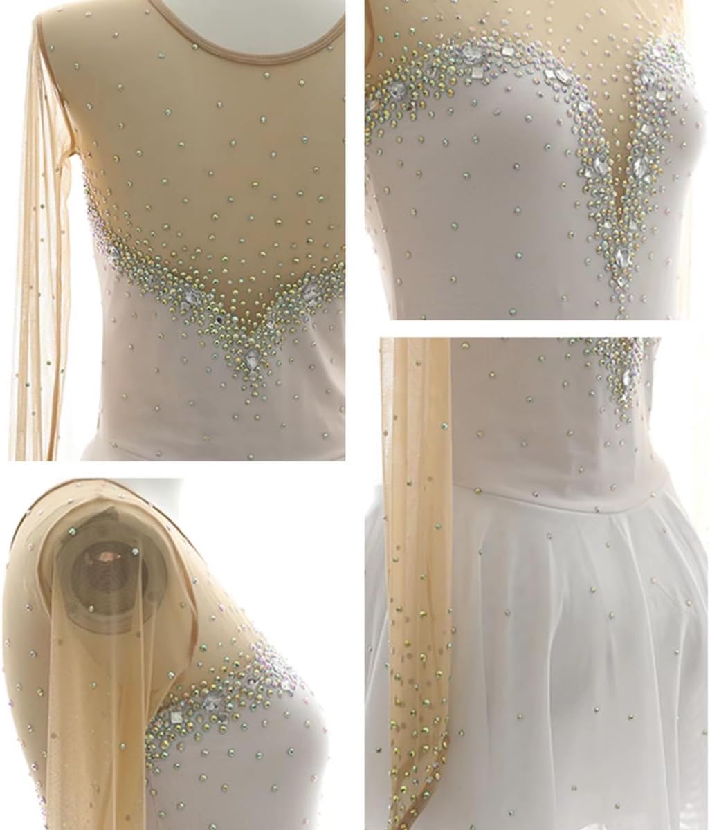 Kids Girls Long Sleeve Figure Ice Skating Dress White Winter Mesh Splice Rhinestone Figure Ice Skating Dress