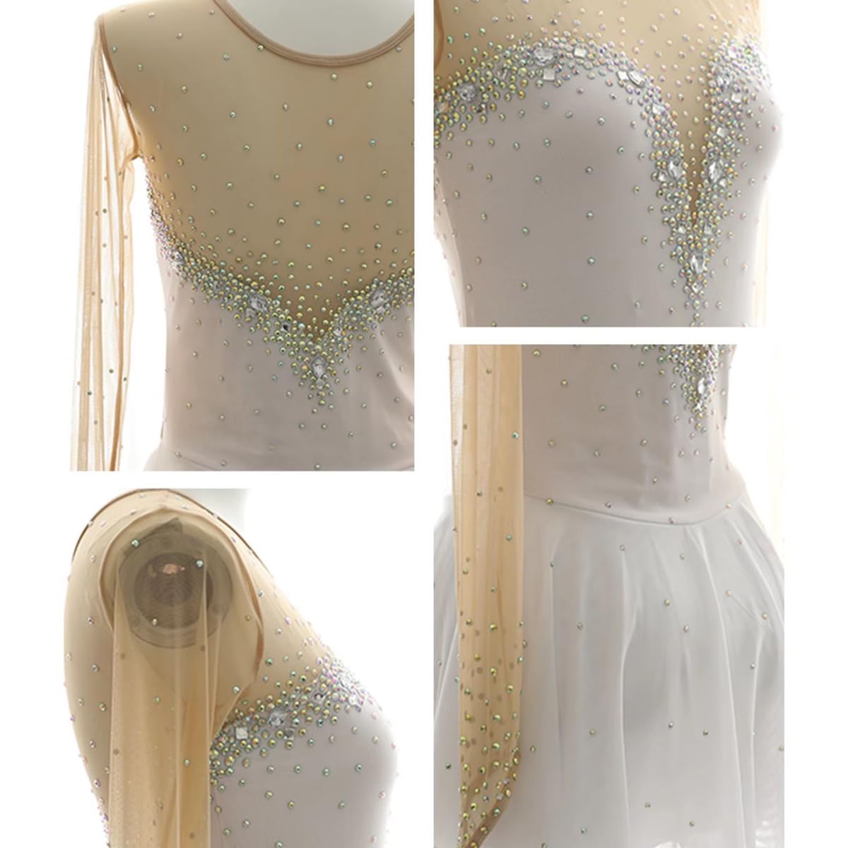 purpleq Damen Eiskunstlauf Kleid Kinder Mädchen Weiß Lange Ärmel Handgefertigter Eislauf Performance Rock Strass Patchwork Kürkleid Kurz Tanzanzug Wettbewerb Tanzkostüm