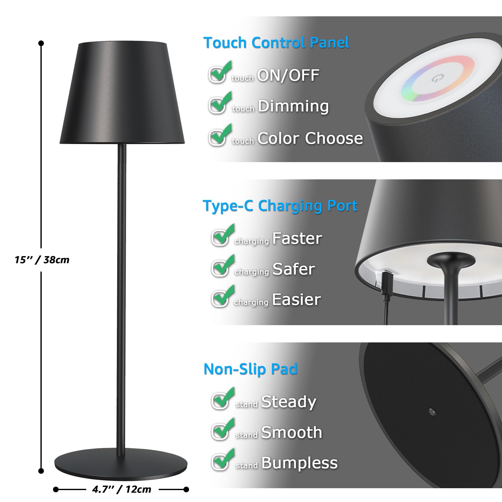 Lampada da Tavolo Senza Fili, Lampada da Tavolo LED Ricaricabile, Touch Lampada da Comodino in Metallo, 8 Cambi di Colore, Protezione IP45, Dimmerabile, Adatta per Interni/Esterni (I/Nero)