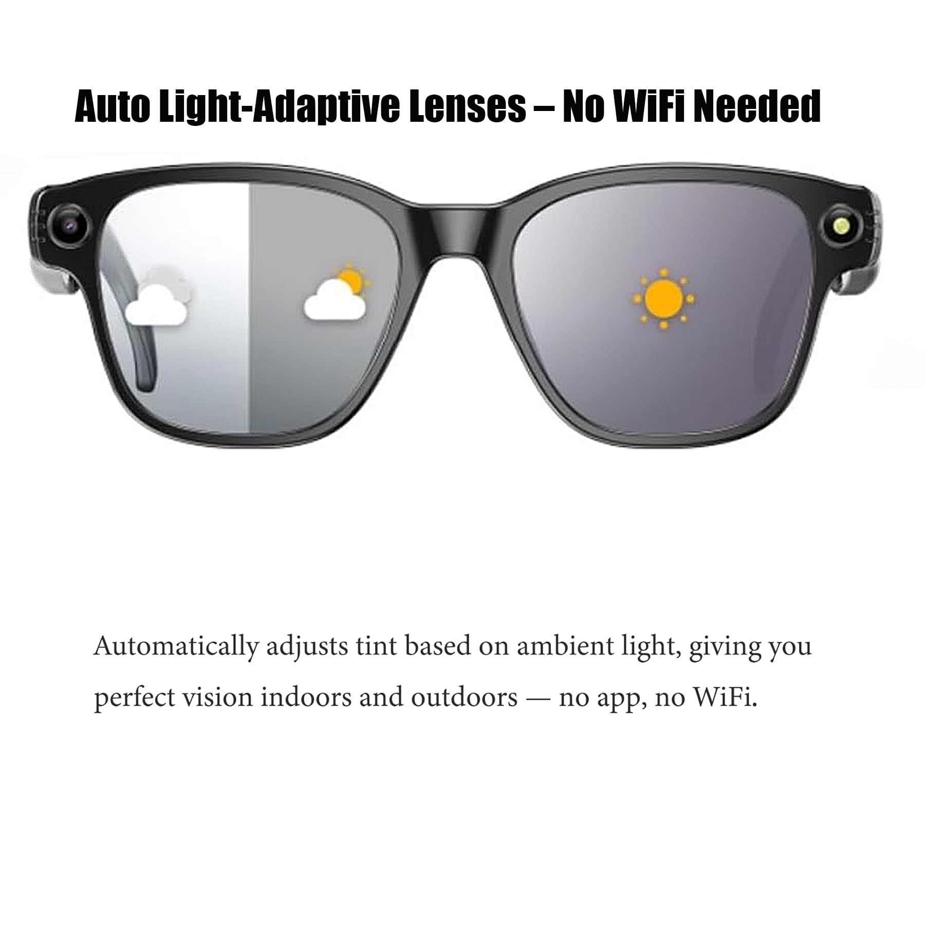 Lunettes Intelligentes AI avec Caméra 8MP, Lunette Camera Bluetooth Homme, Traduction IA Temps Réel, Audio Open-Ear, Lentilles Automatiques, Protection UV, Vidéo HD 1200P