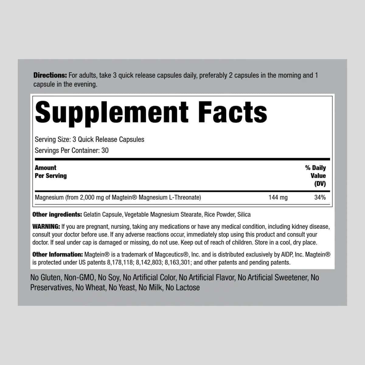 Piping Rock Magnesium L-Threonate Capsules 2000 mg | 90 Pills | Supplement for Men and Women with Magtein | Non-GMO, Gluten Free