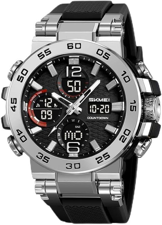 SKMEI Men’s Analog Digital Sports Watch, 50M Water-Resistant Dual Display Wristwatch with Stopwatch, Alarm, LED Backlight, Date and Day, Large Dial Outdoor Watch with TPU Strap (Silver)