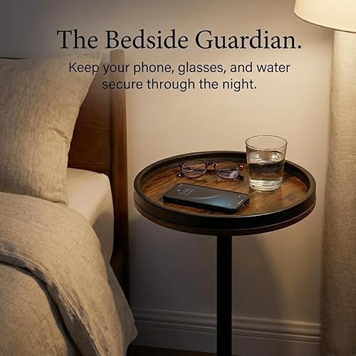 Miniatura 8 de Mesa auxiliar redonda pequeña, mesa de bebidas con base pesada, mesa auxiliar de pedestal industrial de metal y madera con bandeja superior, mesa de