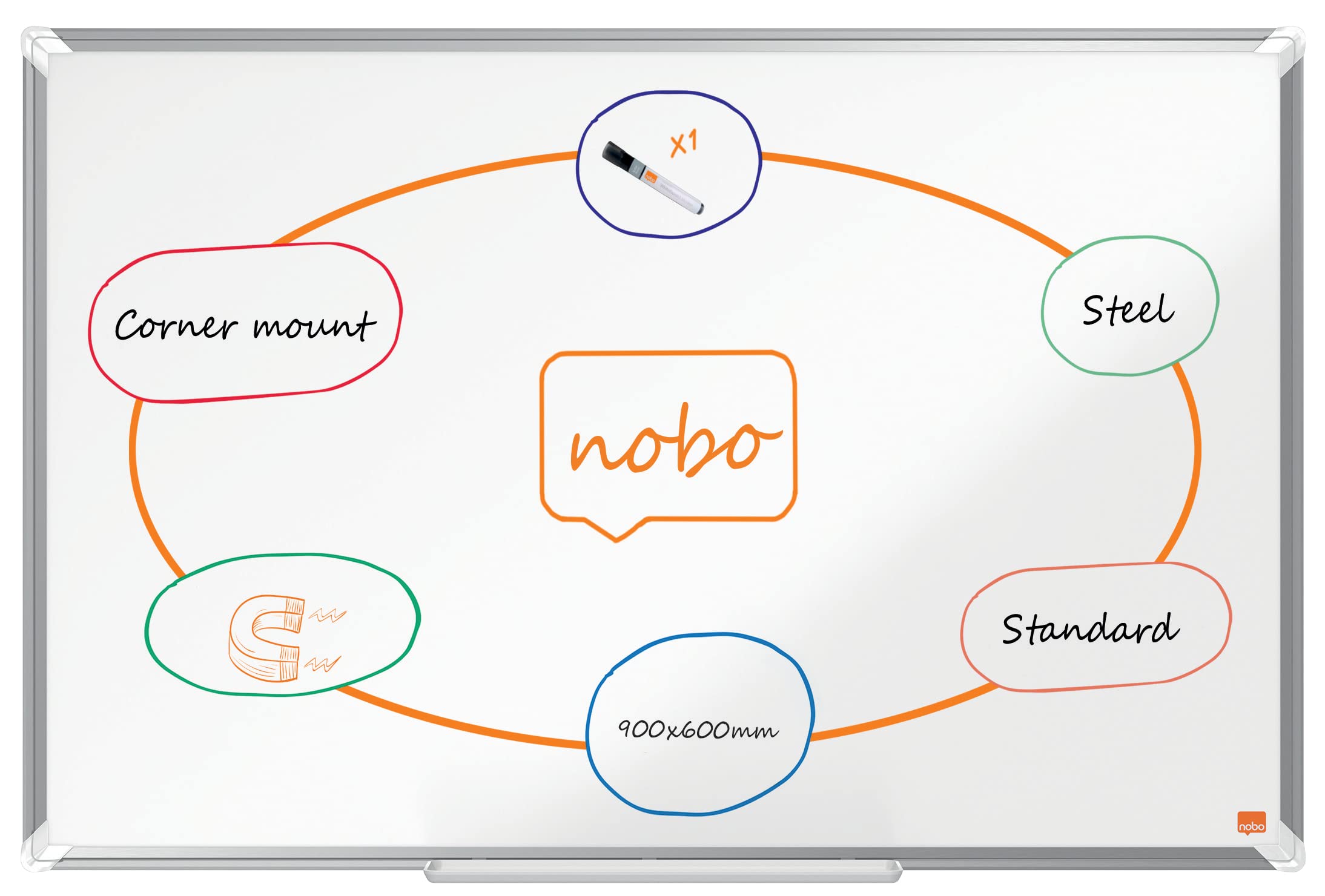 Nobo Premium Plus Steel Magnetic Whiteboard - 900x600mm, Aluminium