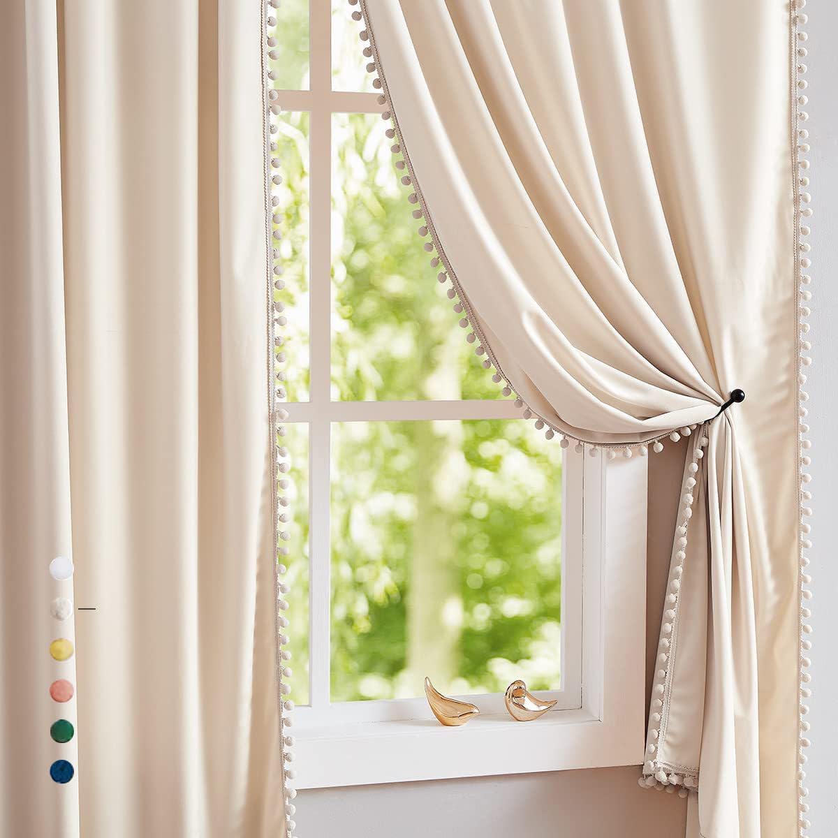 Luxury Velvet Pom Pom Curtains for Girls Bedroom 2 Panels Thermal Insulated Half Blackout Room Darkening Sun Light Blocking Beige 70x215 cm Stylish Window Drapes with Pom Pom Detail