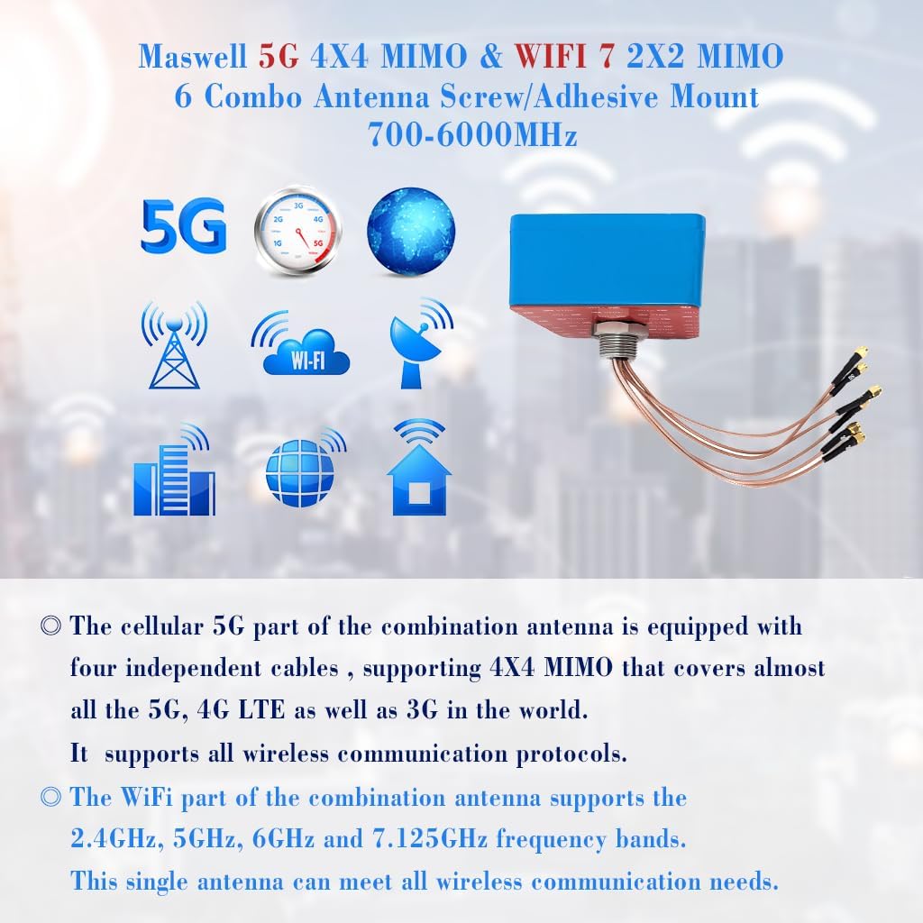Maswell 6 Combo 5G 4X4 MIMO WIFI7 2X2 MIMO 700-6000MHz 6 in 1 Antenna Cellular 5G 4G LTE Screw and Adhesive Mount omnidirectional Bluetooth Wimax Zigbee Antenna SMA Male RP SMA Plug Not for Boosting