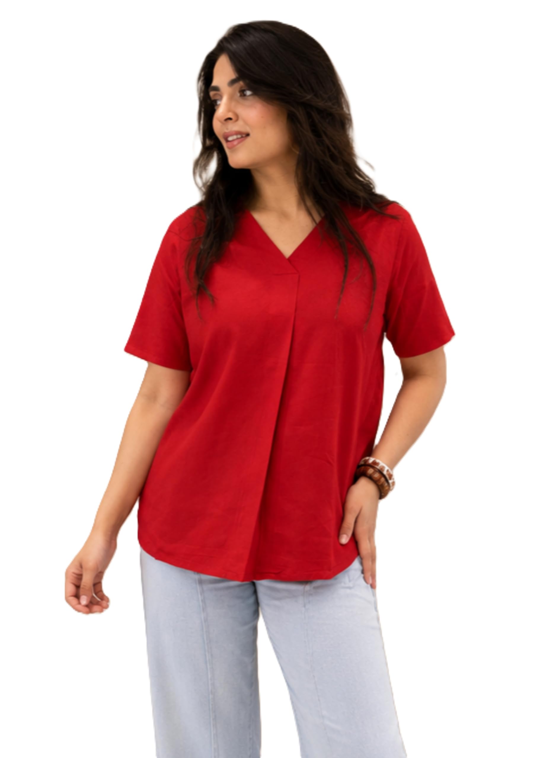 maaesa Women Rayon Solid V-Neck Short Sleeves Regular Fit Top | Casual Wear | Lightweight & Breathable Fabric-picture-32