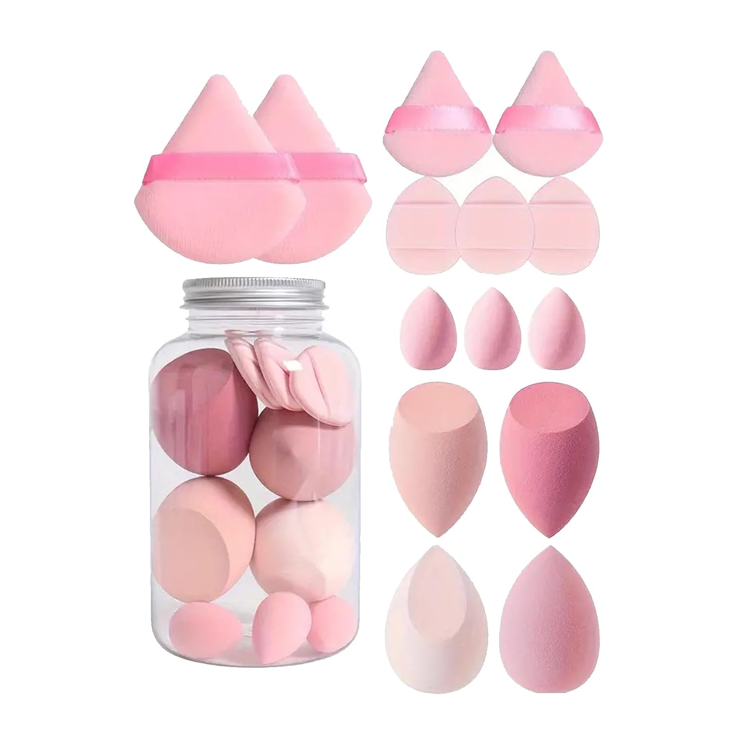 14 Pcs Makeup Sponge & Powder Puff Set - Beauty Blender for Foundation & Triangle Velvet Puffs for Baking - Includes Mini Finger Sponges & Storage Jar - Latex Free Wet & Dry Makeup Tools
