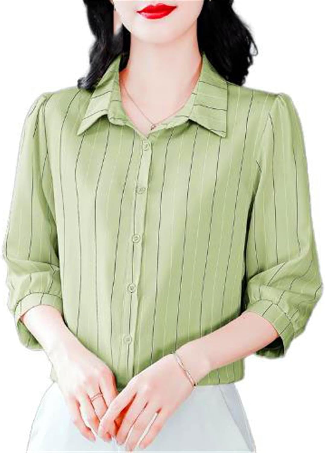 Women's Button Down Shirt V Neck Casual Tops Summer Lapel Stripe Summer Blouse for Women