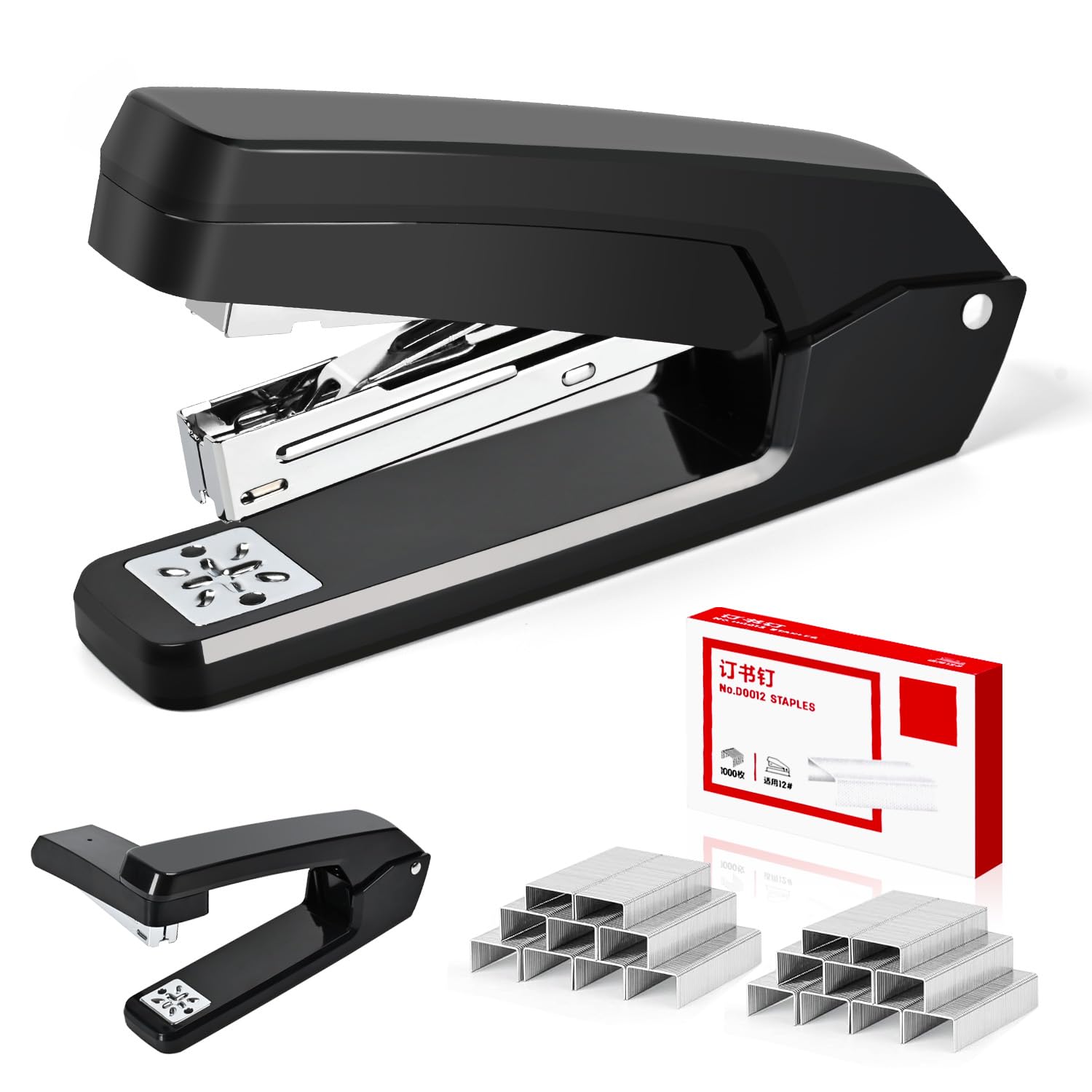 MJMX 360° Rotating Swing-Arm Stapler, 25-Sheet Capacity, with 1000 Staples, 8-Position Lock, ABS Durable Design, for Office/Home/School (Black)
