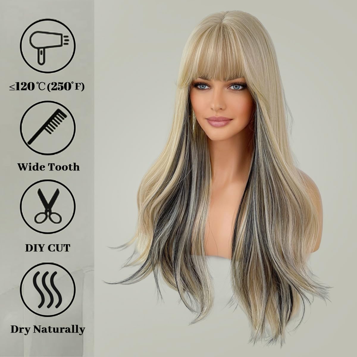 Peruki damskie Długie kręcone peruki syntetyczne Blond z czarnymi naturalnymi włosami Peruki z środkową częścią dla kobiet Do codziennego cosplayu Peruki z,