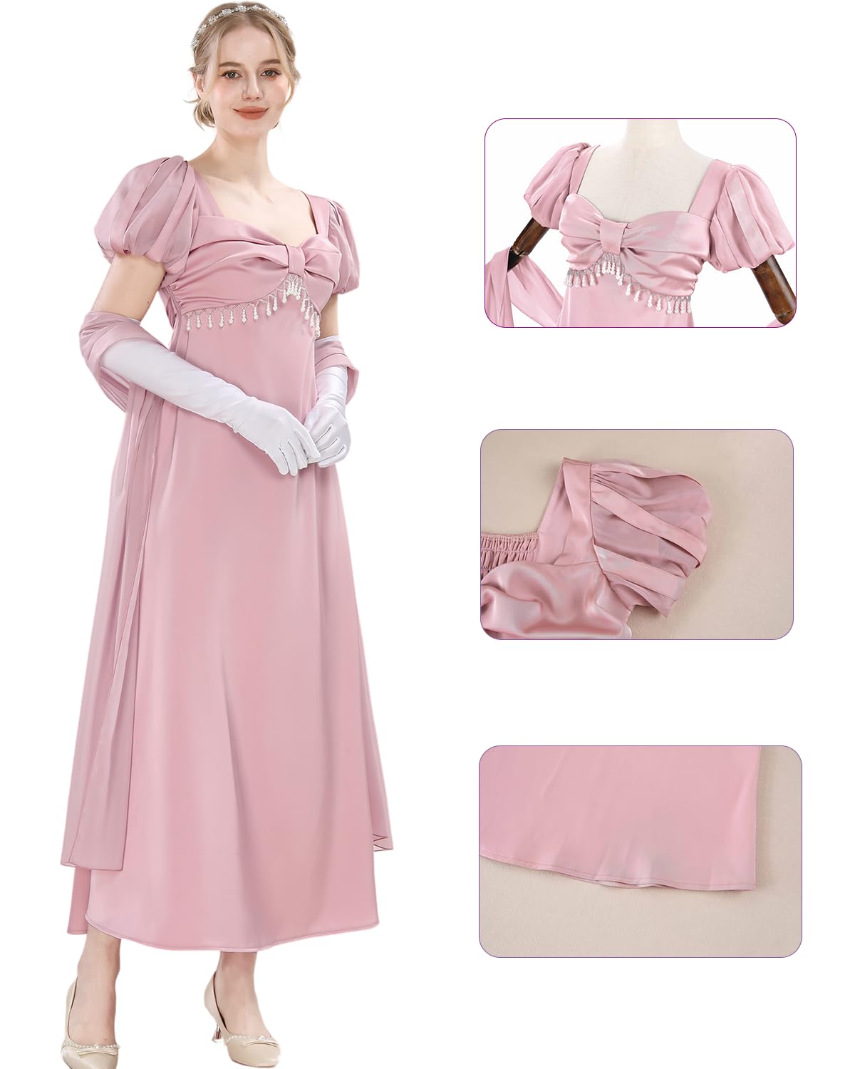 Fiamll Regency Kleid Damen Lang Ballkleid mit Schal und Handschuhe