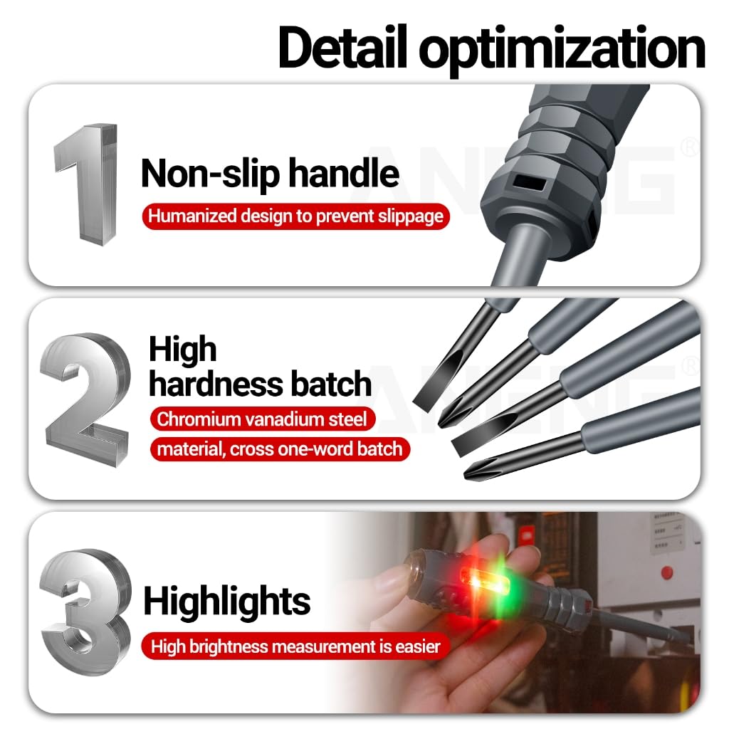 Detailed features of the Kalttoy Voltage Tester including non-slip handle, high hardness batch, and LED highlights.