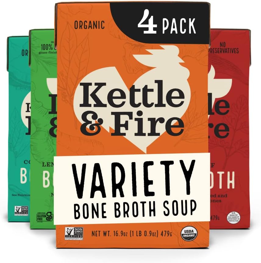 Kettle and Fire Beef and Chicken Beef Bone Broth Variety Pack, Keto, Paleo, and Whole 30 Approved, Gluten Free, High in Protein and Collagen, 4 Pack
