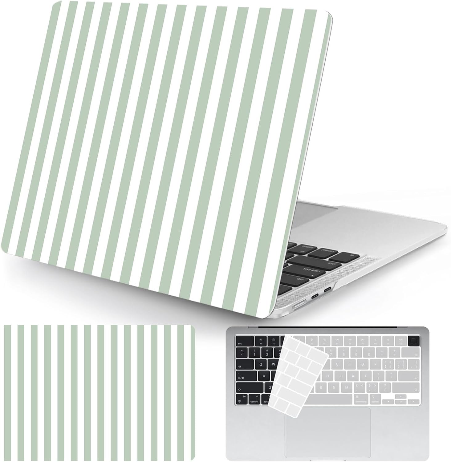 Seorsok Compatible with New MacBook Air 13.6 inch Case M4 M3 M2 2025 2024-2022 Release A3240 A2681 A3113 Touch ID,Cute Striped Plastic Hard Shell Case with Keyboard Cover,Green & White Stripes